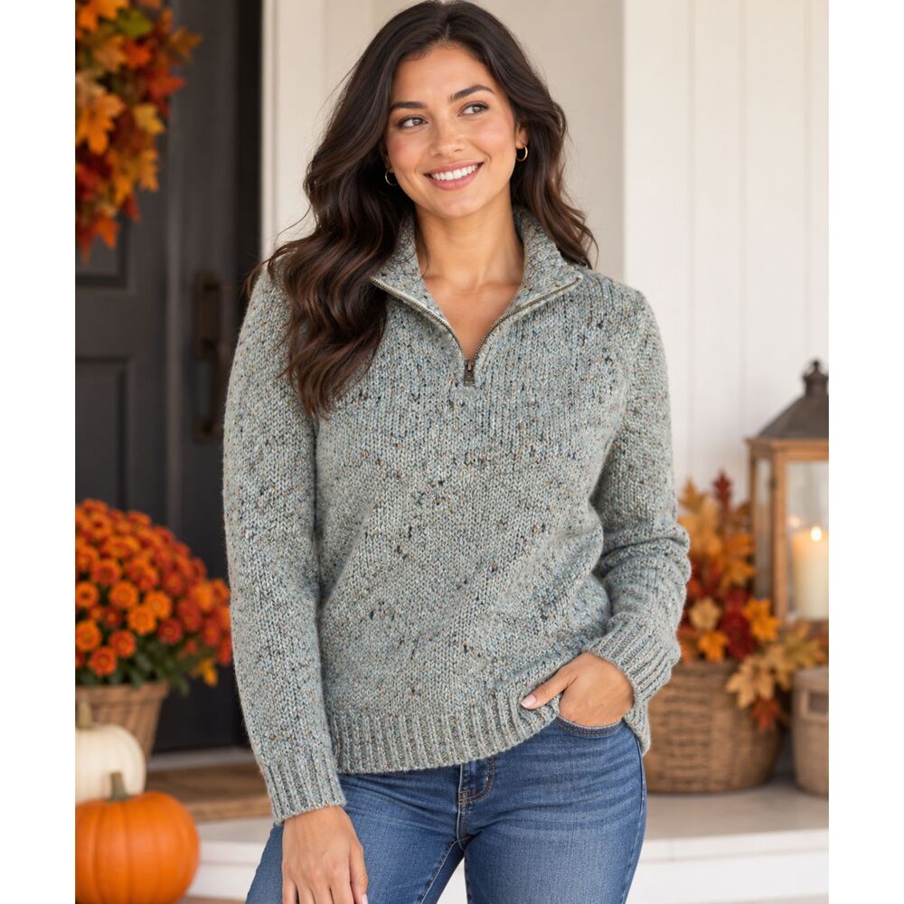 Croft & Barrow Women M Gray Blue Marbled Knit Quarter Zip Pullover Sweater